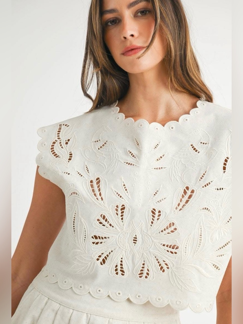 MABLE White Embroidered Eyelet Crop Top - Picture 2 of 3